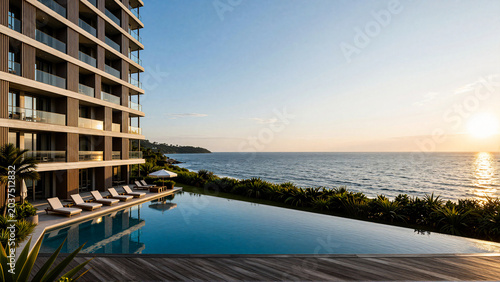 Luxury Hotel Infinity Pool Overlooking the Calm Ocean at Sunset Golden Hour Horizon View