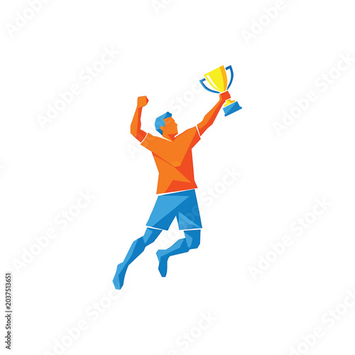 Quadro su tela Man jumping with trophy cup high.