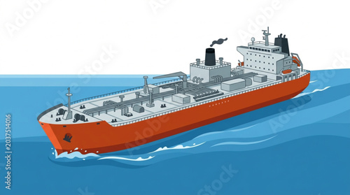 Large orange oil tanker ship sailing on the blue ocean water.