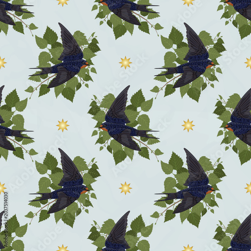Seamless pattern with swallow birds flying among birch tree leaves and gold stars. Vector spring background, nature textile texture, wrapping paper ornament design
