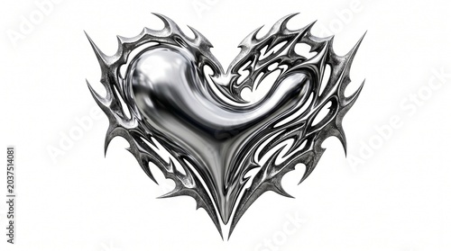 A premium 3D cyber-romantic element showcasing an asymmetrical liquid silver chrome heart framed by sharp, distressed metallic neo-tribal spikes. Isolated on a crisp solid white backdrop.