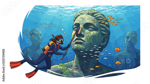 Tablou pe pânză Archaeologist Discover Ancient Statue Underwater: An underwater scene depicts a diver cleaning the nose of a colossal ancient statue covered in moss and algae