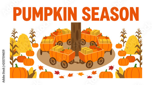 Foto Autumn Harvest Celebration: A vibrant illustration depicts the essence of pumpkin season, with a central display of carts laden with pumpkins and hay bales