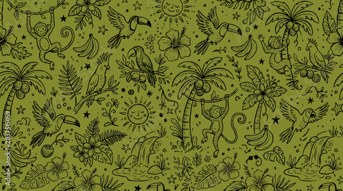 Foto A vibrant Hand drawn pattern featuring various tropical plants and animals in a lively composition on a green background