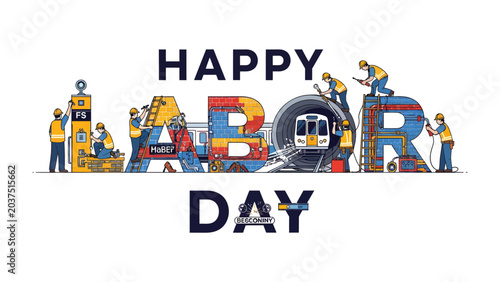Fotografie Happy Labor Day Illustration: Workers construct giant letters spelling Happy Labor Day, symbolizing the hard work and dedication of laborers across various industries