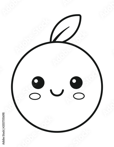 A simple, cute, black and white illustration of a smiling orange with a leaf on top, designed in a kawaii style.