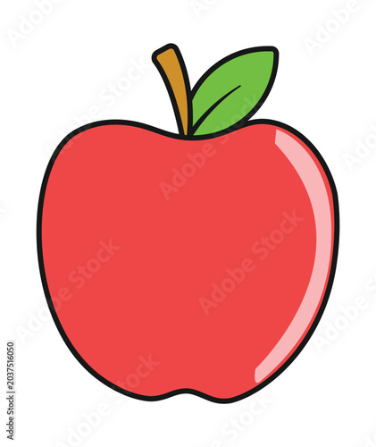 A vibrant red apple with a green leaf and brown stem, depicted in a simple, clean cartoon style.
