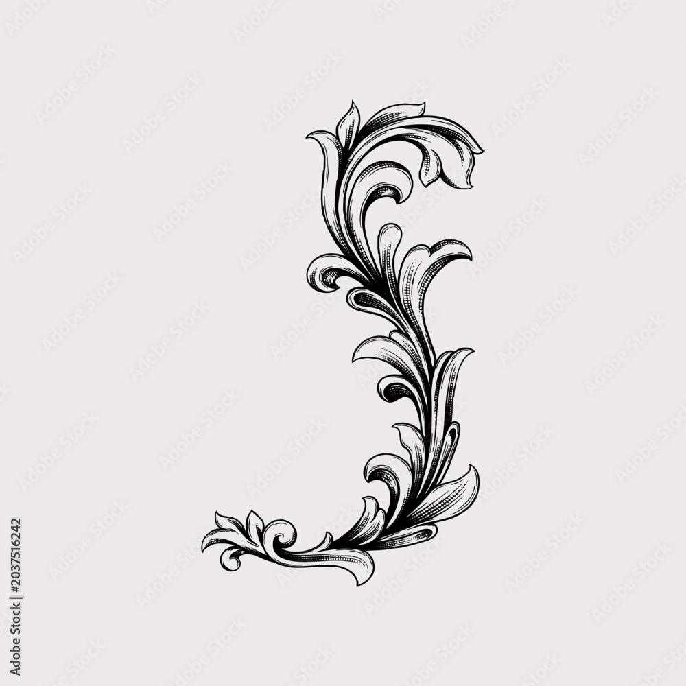 Fototapeta premium Vintage woodcut engraving of a baroque acanthus corner ornament
