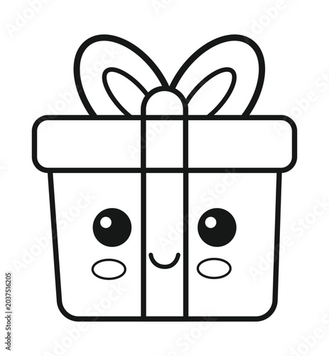 A simple, cute, black and white illustration of a gift box with a happy face and a bow on top.