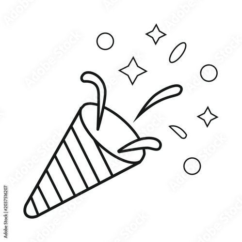 A simple black and white line drawing of a party popper exploding with confetti and stars.