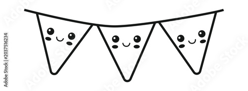 A simple black and white illustration of three triangular bunting flags with cute kawaii faces hanging on a string.