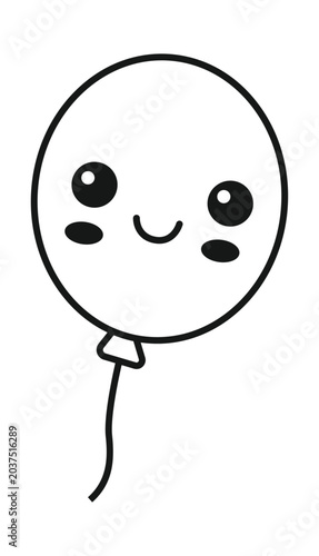 A simple, cute, hand-drawn illustration of a white balloon with a happy face, featuring big eyes and rosy cheeks, attached to a string.