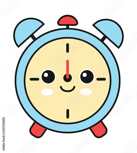 Cute cartoon alarm clock illustration with a smiling face and light blue and yellow colors, featuring red accents and a happy expression.