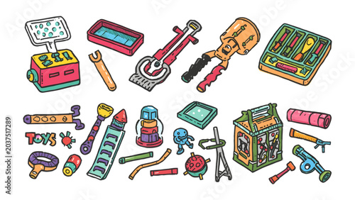 Konstfotografi Retro Toys Collection: A colorful assortment of vintage toys, including robots, ray guns, and science experiment kits, evokes nostalgia for a bygone era of playful imagination