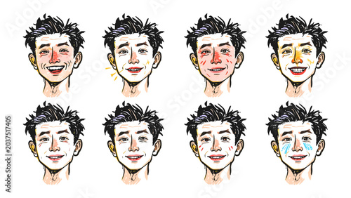 Foto Facial Expressions Collection: A montage of eight expressive cartoon faces, each conveying a distinct emotion from joy and blush to sadness and surprise