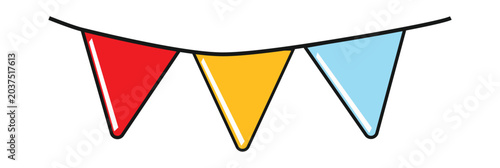 Colorful triangular bunting flags hanging on a string, perfect for celebrations and party decorations.