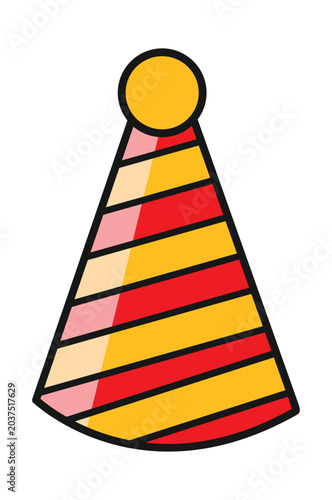 A colorful cartoon illustration of a striped party hat with a yellow pom-pom on top, perfect for celebrations.