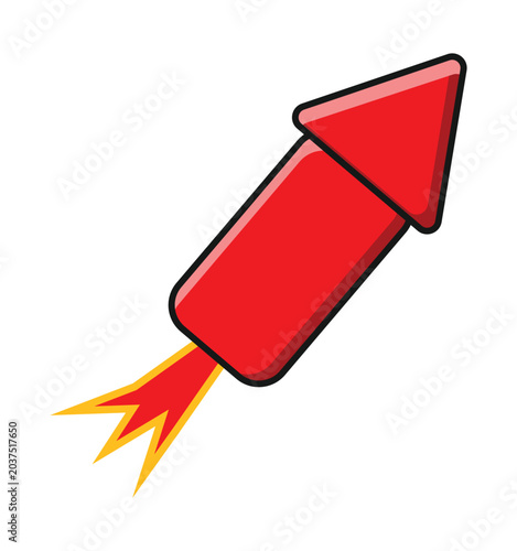 A vibrant red cartoon rocket with a pointed tip launching diagonally upwards, leaving a bright orange and yellow fiery exhaust trail.