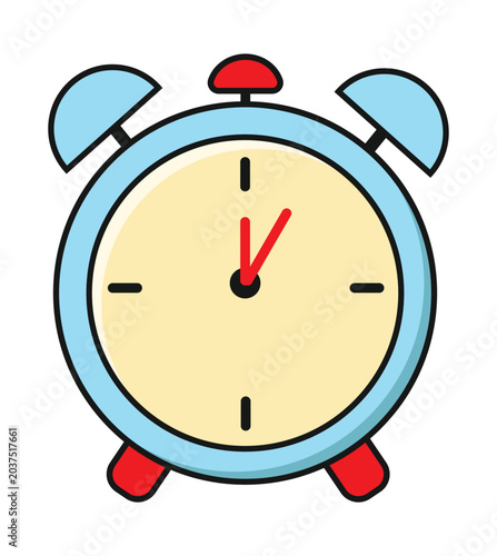Cartoon style illustration of a classic light blue twin-bell alarm clock with a cream face and red accents.