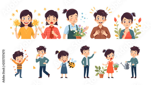 Tableau sur toile Allergy Expressions: A collection of illustrated characters displaying various reactions to allergies, from sneezing and watery eyes to happiness with flowers and buzzing bees