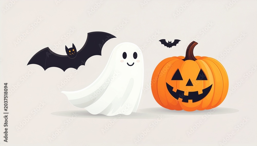 Fototapeta premium Minimalist vector illustration of a Halloween event featuring simplified jack o lantern pumpkin ghost and bat for spooky holiday party posters and card designs