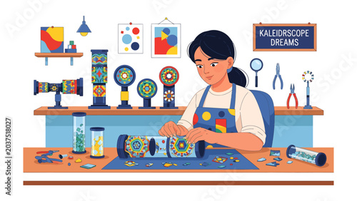 Bild auf Leinwand Crafting Colorful Worlds: A young woman engrossed in her creative process, assembling a beautiful kaleidoscope adorned with intricate patterns