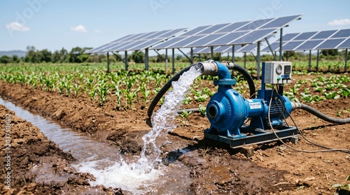 Solar powered water pump spraying clean water into irrigation ditch on a crop farm with solar panel array background