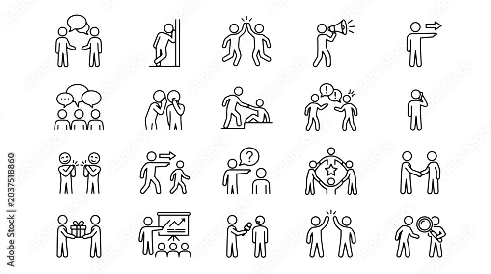 Fototapeta premium People Communication and Business Interaction Stick Figure Line Icons Vector Set