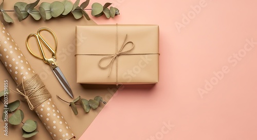 Minimalist gift box with gold scissors and eucalyptus leaves