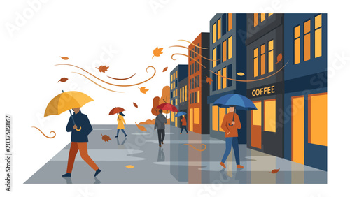 Foto Autumnal Walk in the City: People with umbrellas navigate a rain-swept city street adorned with fallen leaves and illuminated shop fronts, capturing the essence of a brisk autumn day