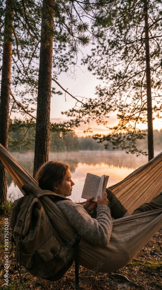 Fototapeta premium Young Female Traveler Reading a Book Relaxing in a Hammock by a Forest Lake at Sunset