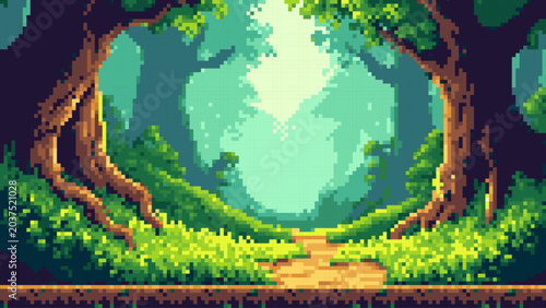 Obraz na plátně Pixel art vector of lush forest with bright path