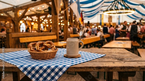 A traditional Oktoberfest festival tent interior featuring a rustic wooden table in the foreground