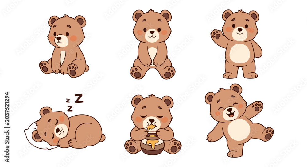 Fototapeta premium Cute Cartoon Bear Poses Collection.