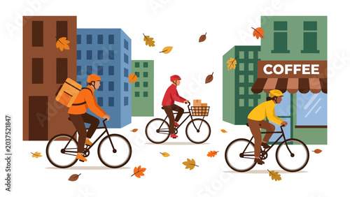 Foto Autumn Delivery Service: A vibrant illustration depicts a bustling city street on a crisp autumn day, with delivery cyclists navigating through falling leaves