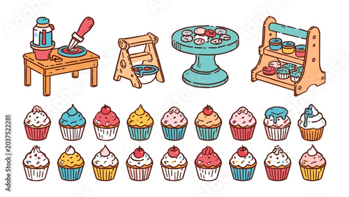 Photography A delightful assortment of hand-drawn cupcakes, each uniquely decorated with vibrant frosting and cheerful toppings, arranged alongside baking tools and a tiered display stand
