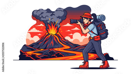 Fotografie Adventurous Photographer Captures Volcanic Eruption: A determined traveler with a large backpack and camera captures the raw power and fiery spectacle of an active volcano erupting with lava flows