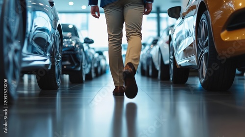 Salesman walking through a car dealership showroom, selecting a new vehicle for a customer, surrounded by an array of modern, polished cars in an elegant indoor setting