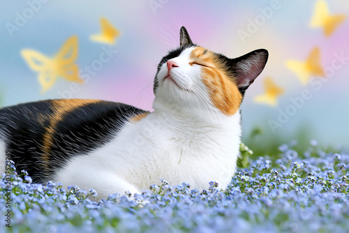Calico cat relaxing among blue flowers with butterflies in dreamy spring garden atmosphere, close-up