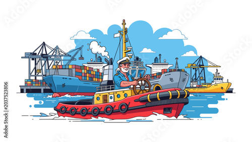 Фотография Harbor Master's Command: A seasoned captain steers a sturdy tugboat through a bustling industrial harbor, surrounded by cargo ships and cranes under a bright sky