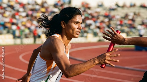 Female sprinter receiving the baton during a track and field relay race. Teamwork and speed captured during an athletic competition.