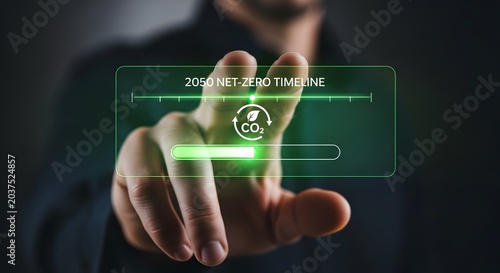 Man touches 2050 net zero timeline with CO2 reduction progress bar