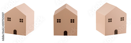 Professional collage of a pink miniature house model shown from various angles. Perfect for real estate agencies, property insurance, mortgage loan offers, and residential sales advertisements.