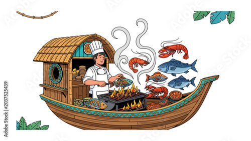 Photos Culinary Voyage: A cheerful chef prepares a delectable seafood feast on a traditional boat, surrounded by fresh catches and vibrant tropical foliage