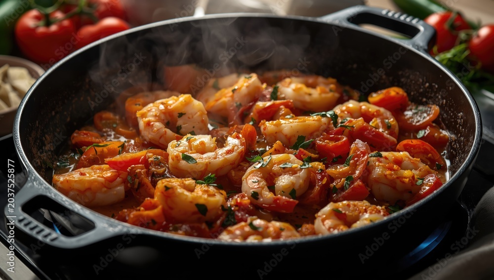 Fototapeta premium Black cooking pan with shrimp casserole featuring tomatoes garlic and peppers