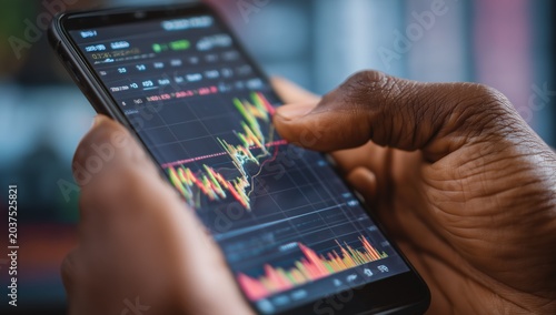 Person's hands holding a smartphone with a stock market graph on the screen, displaying a financial growth and investment concept.
