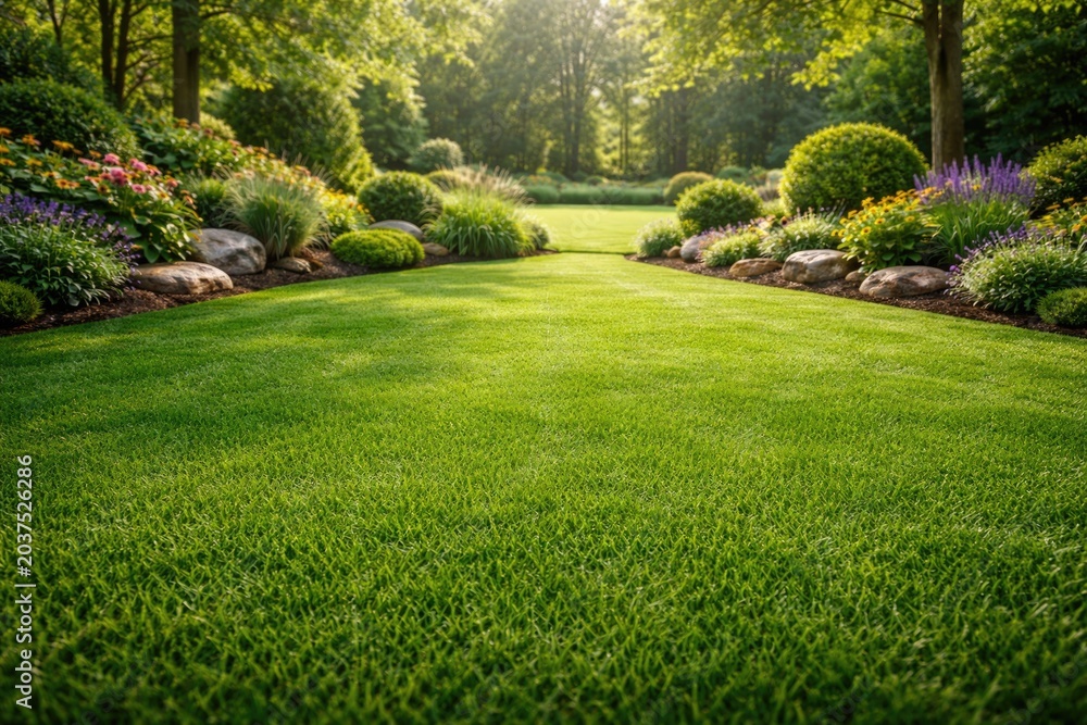 Fototapeta premium Landscape design backdrop with thick artificial grass texture in lush green