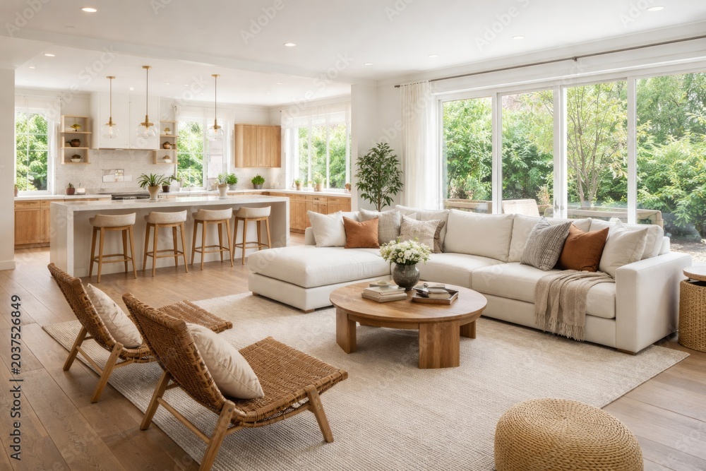 Fototapeta premium Relaxed sitting room adjoining kitchen with airy open floor concept