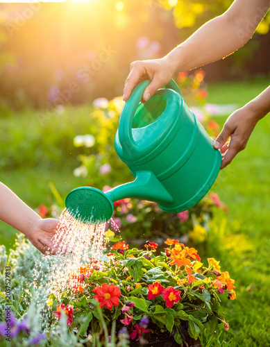 A mother helps her child water the backyard plants, hands gripping a green plastic watering can together.