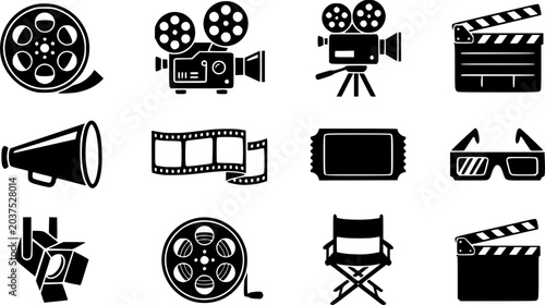 Film reel vector icons set with black cinema symbols and movie elements
